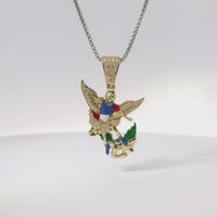 14KT Gold Charm Medium St Michael with Red, Blue, Green, and White Enamel with White CZ Stones Wings and Bell
