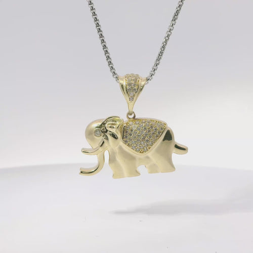 14KT Gold Charm Medium 3D Elephant with Flat Back White CZ Stones Blanket, Eye, and Bell