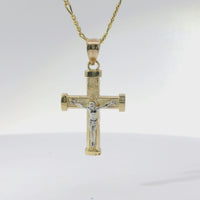 14KT Gold Charm Extra Small Two Tone Bar End Crucifix Cross with Plain Bell