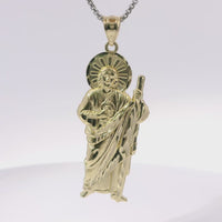 14KT Gold Charm Medium Right Staff Sunray Halo St Jude with Plain Bell