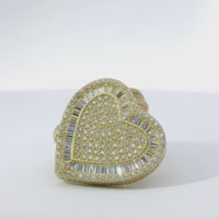 14KT Gold Earrings Large Heart White Round CZ Stones Cluster Center and Edge, Baguette CZ Stones Border, Push Back Post, and Butterfly Backs