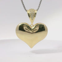 14KT Gold Charm Large Flat Back Puff Heart with White CZ Edge and Bell