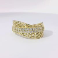 14KT Gold Ring Women's Light Weight Wavy Basket Weave with Diagonal Double Row of White CZ Stones Band
