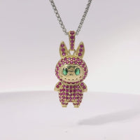 14KT Gold Charm Medium 3D Flat Back LaBuBu Dark Green Oval CZ Stones Eyes, Dark Pink CZ Stones Body and Bell