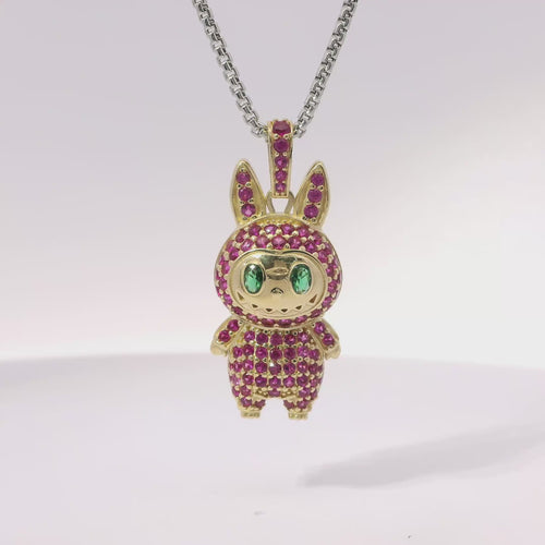 14KT Gold Charm Medium 3D Flat Back LaBuBu Dark Green Oval CZ Stones Eyes, Dark Pink CZ Stones Body and Bell