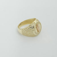 14KT Gold Ring Women's Round Two Tone St. Jude Coin Center White CZ Stones Background Edge Band with Plain Borders
