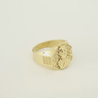 14K Gold Ring Men's Malverde Octagon Border Portrait with White CZ Stones "X" Shape Background Plain Border and Three Rows of White CZ Stones on Each Side