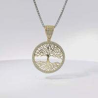 14KT Gold Charm Large Round Tree of Life with White CZ Stones Border and Bell