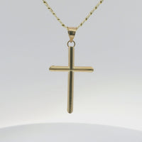 14KT Gold Charm Small Plain Hollow Tube Slant Ends Cross with Plain Bell