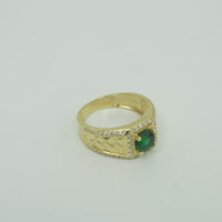14KT Gold Ring Men's Square Green CZ Round Center Stone White CZ Stone Border Band Design Braid with Single Row White CZ Stones Border