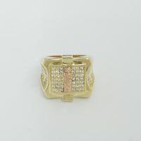 14KT Gold Ring Men's Square Raised Two Tone St. Jude Plain Border with White CZ Stone Background Plain Cross on Sides