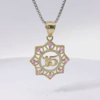 14KT Gold Charm Large Quinceanera "15" Open Webbed Wreath with Light Pink and White Round CZ Stones Border with Plain Bell