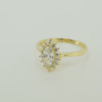 14KT Gold Ring Women's Flower Marquise White Center with White CZ Stone Petals Border Plain Band