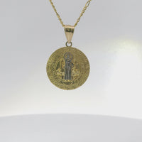 14KT Gold Charm Medium Round Two Tone St Benedict Coin with Greek Border and Plain Bell