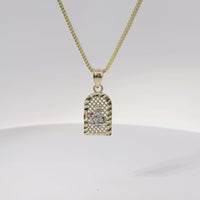 14KT Gold Charm Extra Small Two Tone St Clare Diamond Cut Lattice Square Archway with Red CZ Stone Lantern and Plain Bell