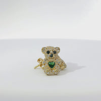 14KT Gold Earring Small White CZ Stones Teddy Bear with Black CZ Stones Eyes, Dark Green Heart CZ Stone Belly, Push Back Post, and Butterfly Backs