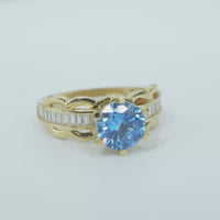 14KT Gold Ring Women's Round Light Blue 6 Prong Center CZ Scallop Border Baguette Band