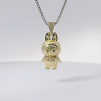 14KT Gold Charm Medium 3D Diamond Cut LaBuBu Body, White CZ Stones Necklace, Black Enamel Eyes and White CZ Stones Bell