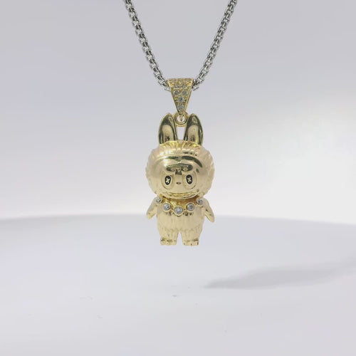14KT Gold Charm Medium 3D Diamond Cut LaBuBu Body, White CZ Stones Necklace, Black Enamel Eyes and White CZ Stones Bell
