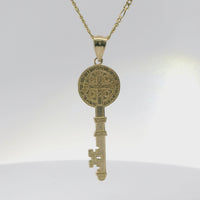 14KT Gold Charm Large Two Tone Key Shape St Benedict Coin with Plain Bell