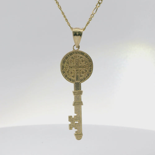 14KT Gold Charm Large Two Tone Key Shape St Benedict Coin with Plain Bell