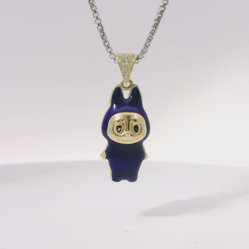 14KT Gold Charm Medium 3D Navy Blue Enamel LaBuBu Body and White CZ Stones Bell