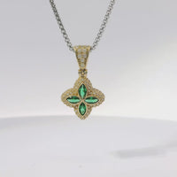 14KT Gold Charm Small 3D Four Marquise Petal Dark Green Flower with White CZ Stones Border and Bell