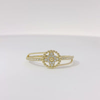 14KT Gold Ring Women's Light Weight White CZ Stone Clovers with Round Beaded Border and Open Split Band