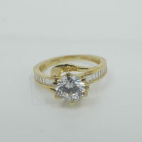 14KT Women's Gold Ring Round White CZ Center Stone and Single Row White CZ Baguettes with "S" Band