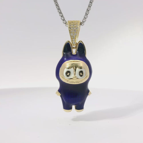 14KT Gold Charm Large 3D Navy Blue Enamel LaBuBu Body, White Enamel Eyes, and White CZ Stones Bell