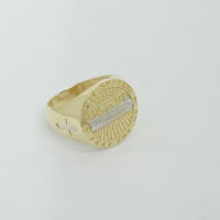 14KT Gold Ring Men's Two Tone Round Last Supper Scene with "LAST SUPPER" Typed on Top Border Typed "PRAY FOR US" Typed Lower Border Side Design Cutout Cross