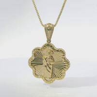 14KT Gold Charm Large Round Scallop St Jude Sunray Center with Nugget Border and White CZ Stones Edge and Bell