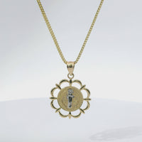 14KT Gold Charm Small Round Two Tone St Benedict Coin Center with Open Scallop Border and Plain Bell