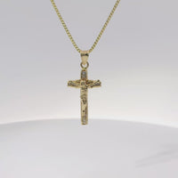 14KT Gold Charm Medium Crucifix Cross with White CZ Stones Under Center and Plain Bell