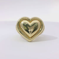 14KT Gold Ring Women's Plain Puff Heart with Plain Puff Heart Border White CZ Stones Edge Plain Band