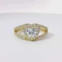 14KT Gold Ring Women's White Heart CZ Stone Center with White CZ Stones Border and Split Criss Crossed Band