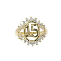 14KT Gold Ring Women's Quincenaera "15" Oval Center with Nine Upper and Lower White CZ Stones and Plain Split Band