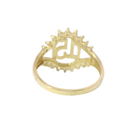 14KT Gold Ring Women's Quincenaera "15" Oval Center with Nine Upper and Lower White CZ Stones and Plain Split Band