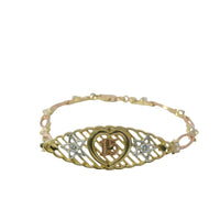 14KT Gold Bracelet Women's Tri Tone "15" Quinceanera Plain Heart Outline / Two Stars with White CZ Stone Centers and Stripe Background Center Plaque with Alternating White CZ Stone / Eye Shape Band 4.5mm