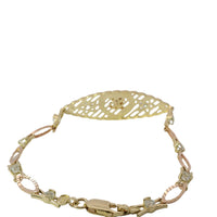 14KT Gold Bracelet Women's Tri Tone "15" Quinceanera Plain Heart Outline / Two Stars with White CZ Stone Centers and Stripe Background Center Plaque with Alternating White CZ Stone / Eye Shape Band 4.5mm