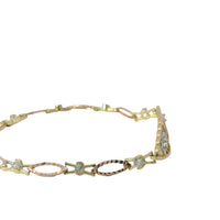14KT Gold Bracelet Women's Tri Tone "15" Quinceanera Plain Heart Outline / Two Stars with White CZ Stone Centers and Stripe Background Center Plaque with Alternating White CZ Stone / Eye Shape Band 4.5mm