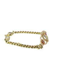 14KT Gold Bracelet Women's "15" Quinceanera Red Eye / Hand Plaque with White CZ Stone Circle Around "15" with Cuban Band 3.5mm
