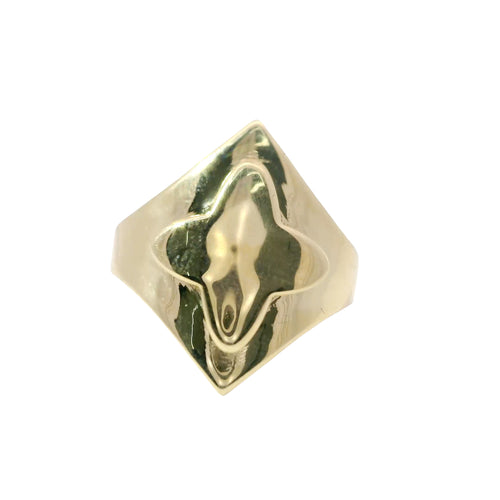 14KT Gold Ring Women's Raised Abstract Clover with Plain Band
