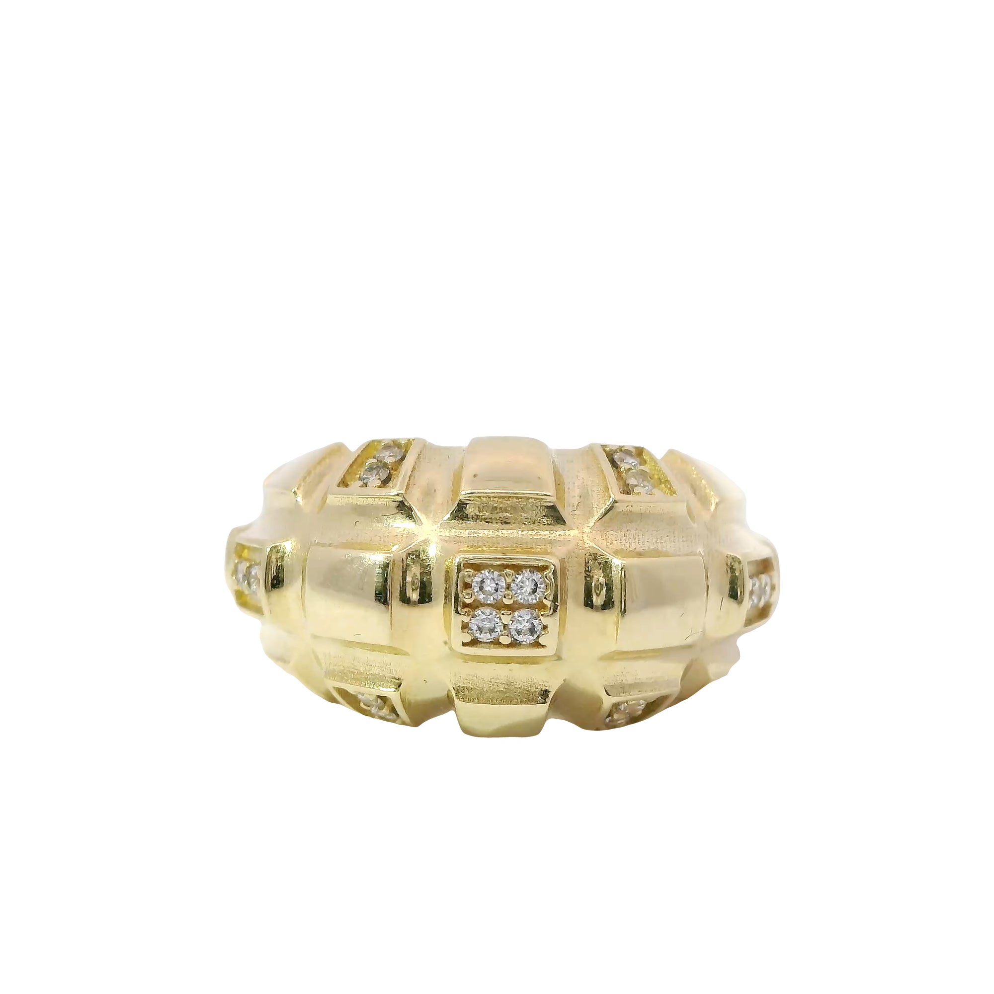 14KT Gold Ring Women's Raised Pineapple Granade with Seven White CZ Stones Sections and Plain Band