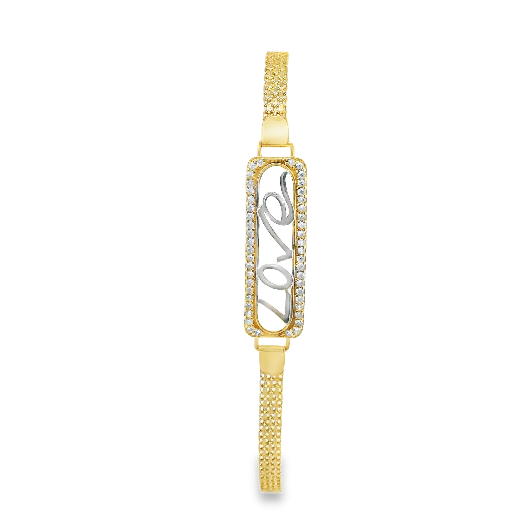 14KT Gold Bracelet Women's Single Charm Two Tone Rectangle "Love" Plaque with White CZ Stones Border and White CZ Stone End Bizmark Link Lobster Clasp