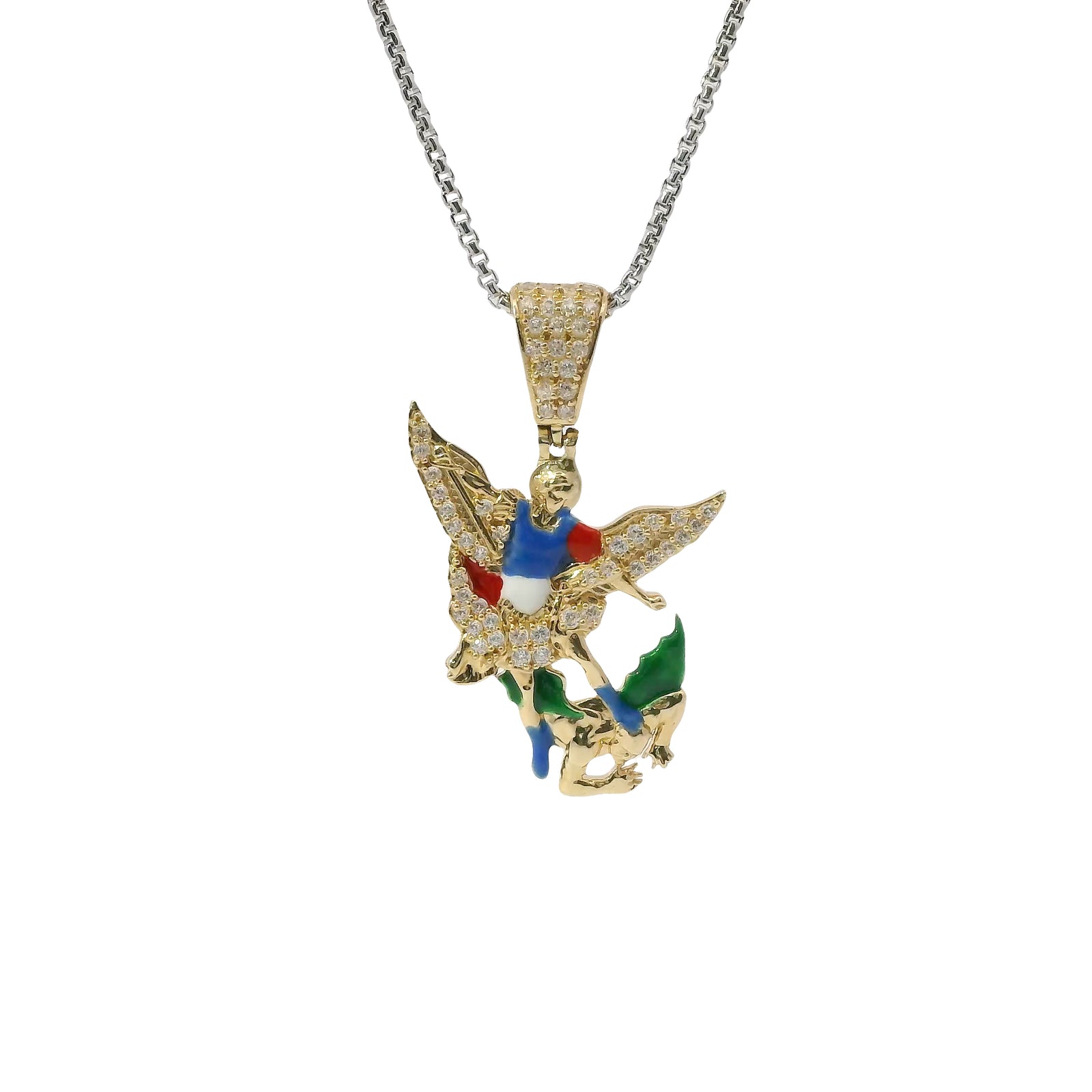 14KT Gold Charm Medium St Michael with Red, Blue, Green, and White Enamel with White CZ Stones Wings and Bell