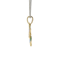 14KT Gold Charm Medium St Michael with Red, Blue, Green, and White Enamel with White CZ Stones Wings and Bell