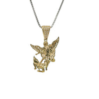 14KT Gold Charm Medium St Michael with Red, Blue, Green, and White Enamel with White CZ Stones Wings and Bell