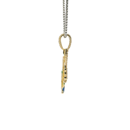 14KT Gold Charm Medium St Michael with Red, Blue, Green, and White Enamel with White CZ Stones Wings and Bell