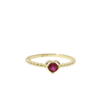 14KT Gold Ring Women's Red Round CZ Stone Center with Plain Heart Shape Border and Plain Beaded Band